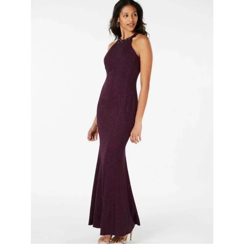 Nightway Women's Formal Dress Size 14 Purple Glitter Knit Long Evening Gown